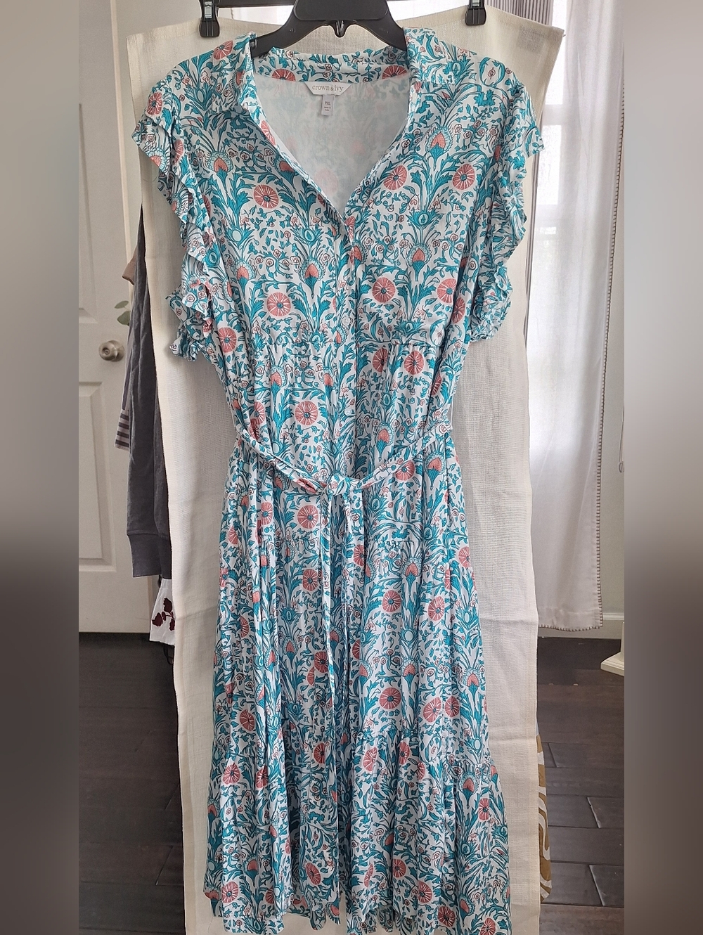 Crown & Ivy Floral Dress PXL Plus Size Belted Midi Blue Pink New